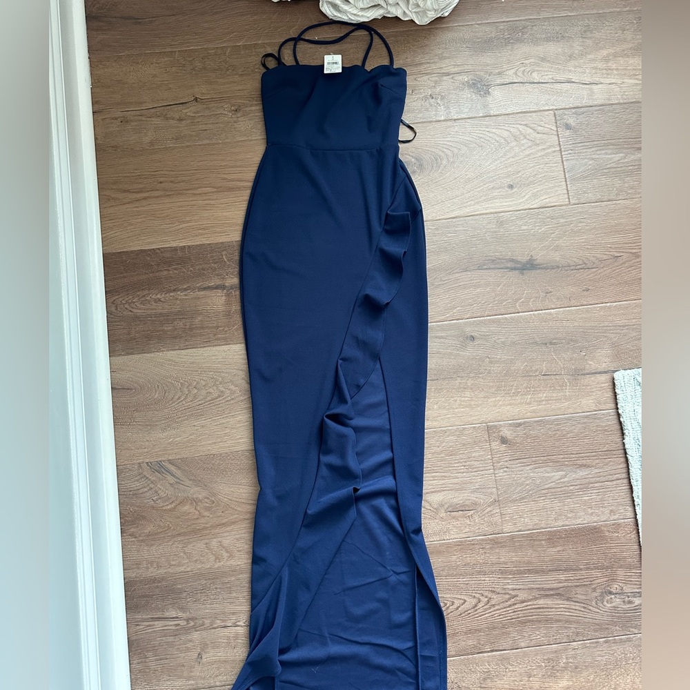 Windsor navy formal dress with ruffles